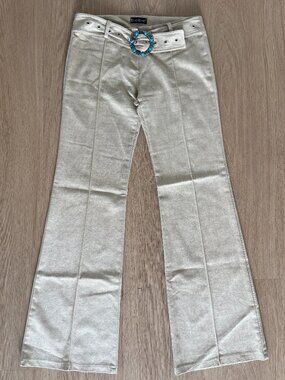 bebe Metallic Silver Flared Pants with Turquoise Buckle Belt
